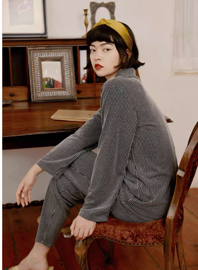 DEFINE法式情侣睡衣春季女棉质色织条纹长袖男家居服两件套装外穿