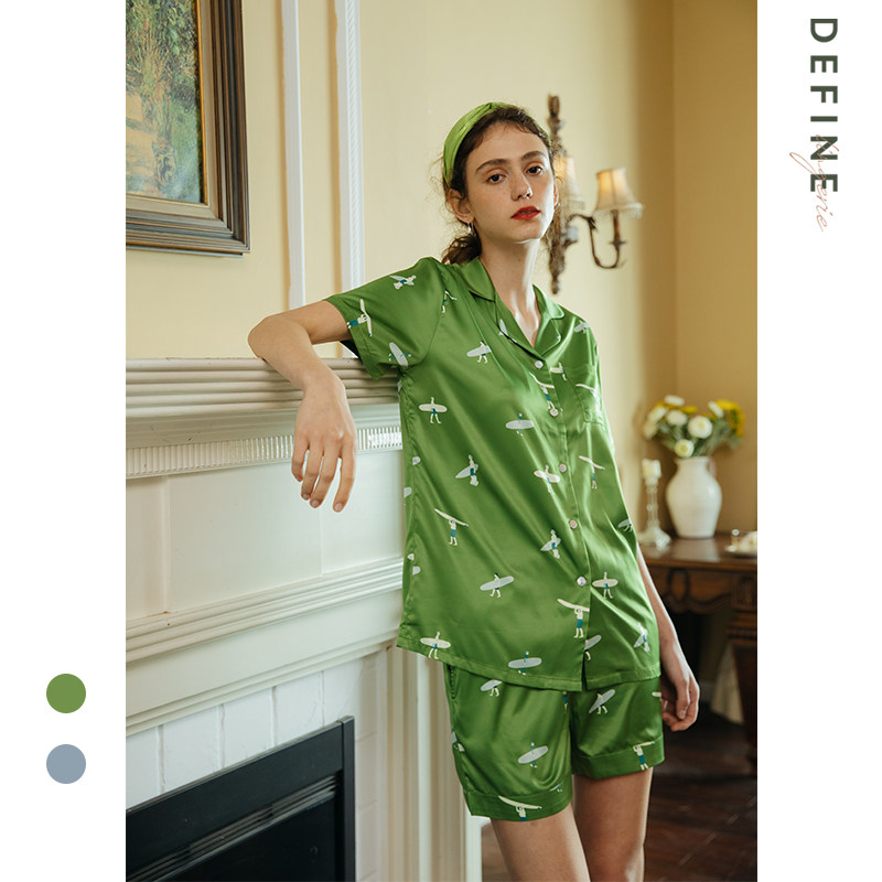 DEFINE｜2025AW设计师手绘印花丝质女套装短袖短裤夏季家居服睡衣图片