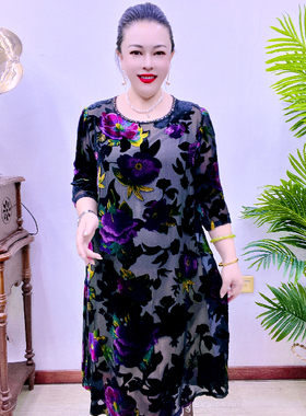 桑蚕丝连衣裙中老年高端大码时尚气质43A1972