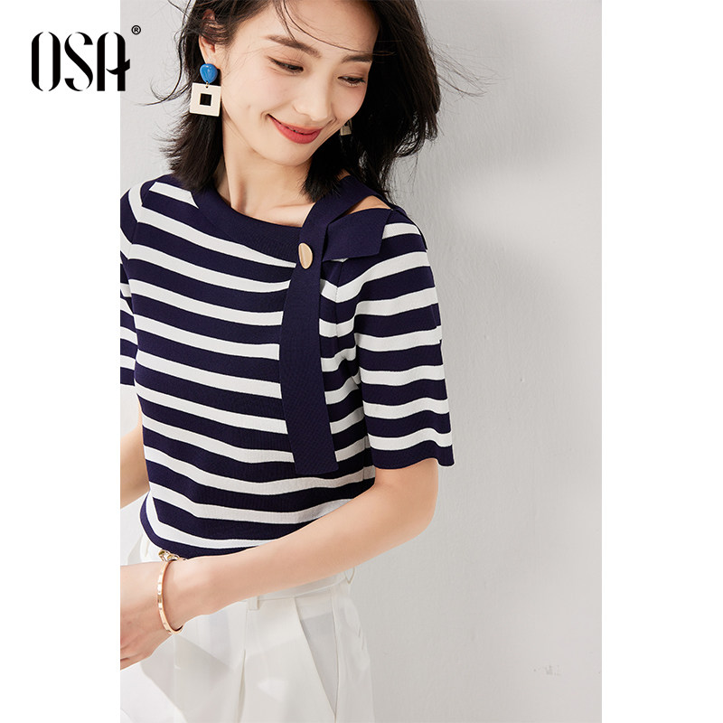 osa欧莎一字领条纹冰丝套头针织衫女夏季2023年新款显瘦短袖上衣