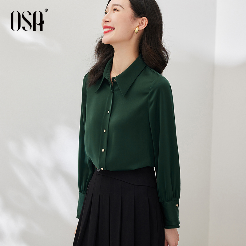 OSA欧莎复古宫廷风职业衬衫女秋装2023年新款设计感小众缎面衬衣