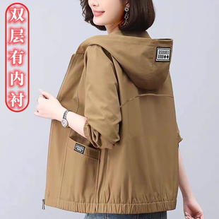 双层带里布风衣女妈妈时尚百搭小个子胖mm连帽胖人显瘦外套外穿