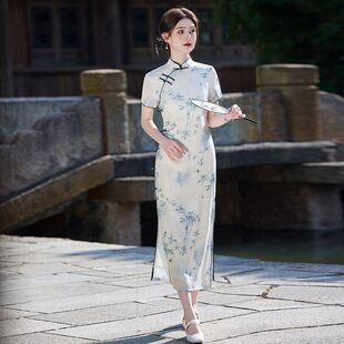 名丽素雅旗袍气质新款简单年轻2026长款华尔春夏旗双层印花少女高