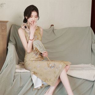 复古夏季 中长款 苎麻年轻少女2023印花连 旗袍改良款 苏堇仿双层新款