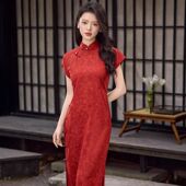 红盘扣旗 短袖 曼玉连衣裙订婚2026敬酒服提花新款 日常朱砂斜襟修身