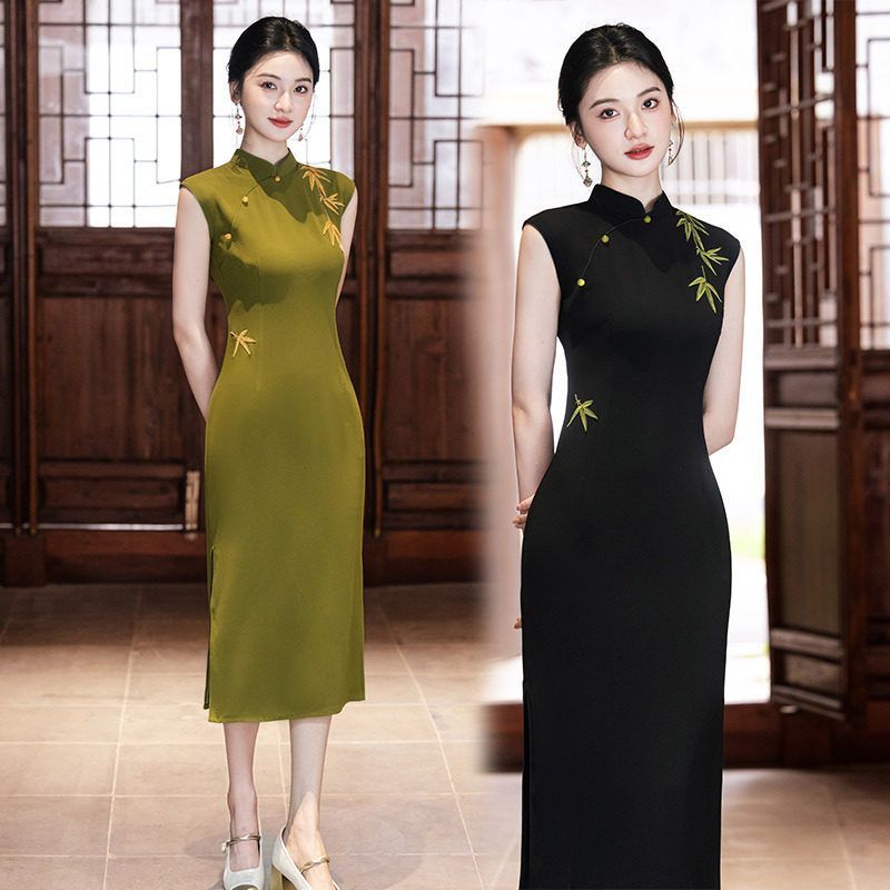 爱旗复古刺绣绿色年轻黑色晚礼服