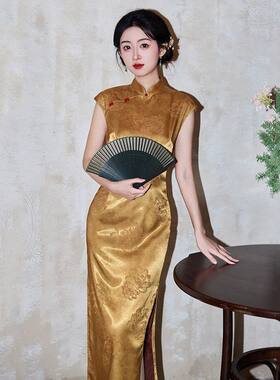 爱旗夏无袖新中式旗袍改良金黄色