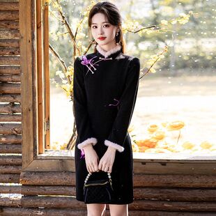 爱旗连衣裙旗袍黑色长袖冬款新款加厚加绒短款冬季2026年轻款女小