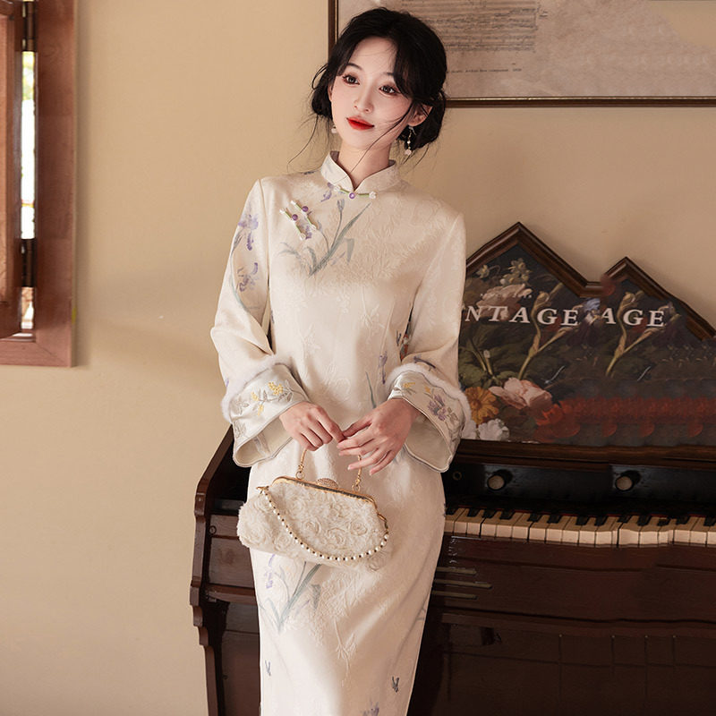【热销同款】倒大袖国风新中式长款秋季长袖旗袍改良年轻款女秋冬