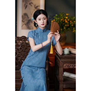 洛士开襟书卷气少女文艺复古款春夏全提花年轻2023蓝色旗袍民国人