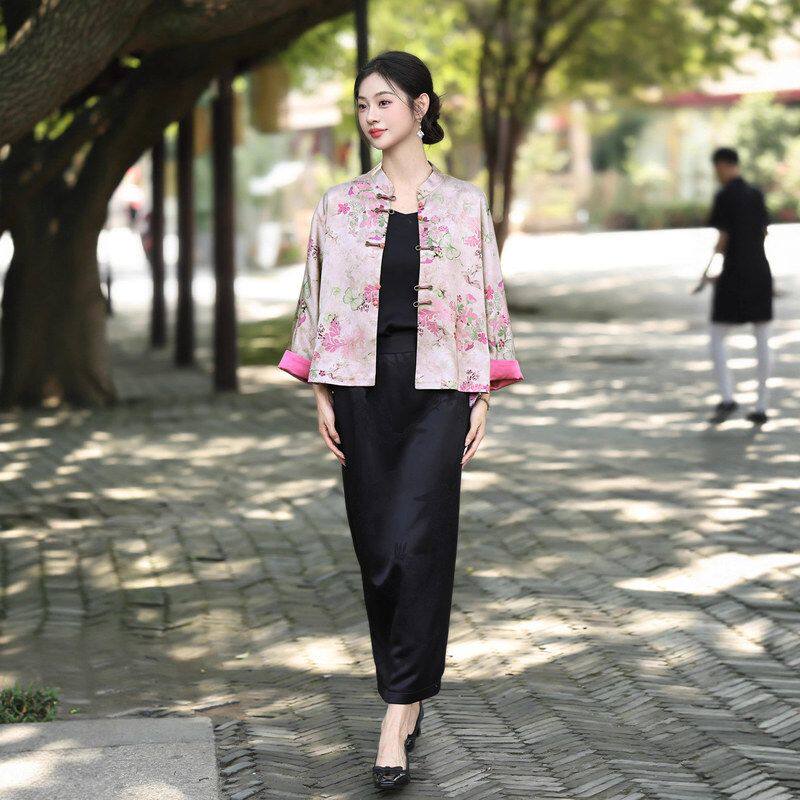 曼玉套装干练新款提花内妈妈旗袍国风日常搭年轻盘扣精致唐装开衫