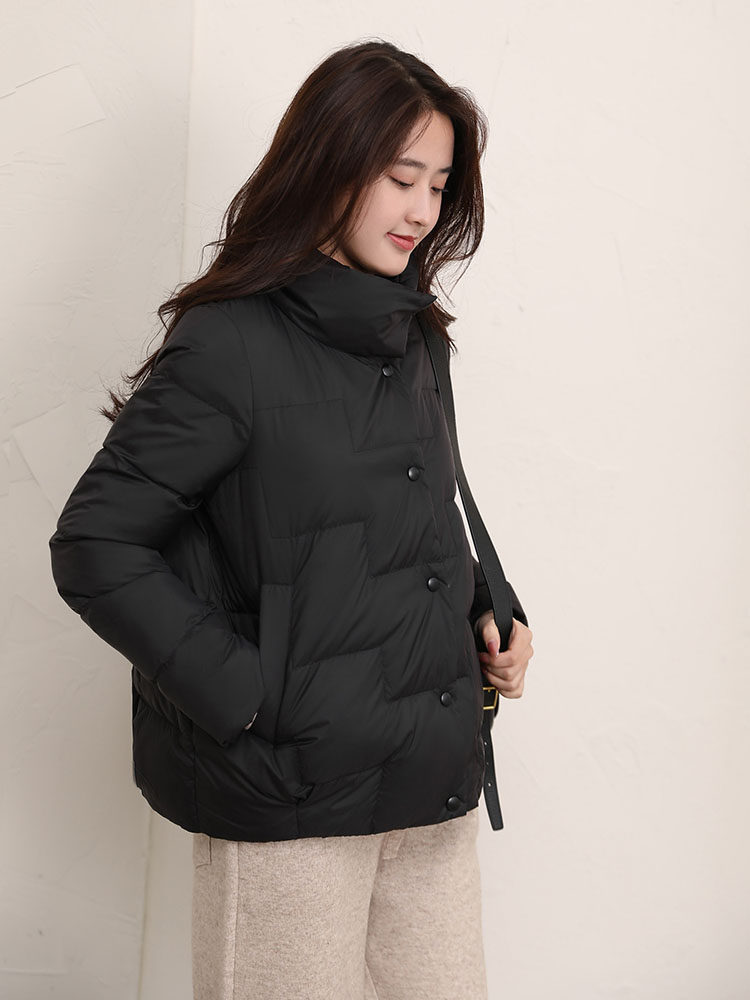 JOLIMENT 화이트 다운 재킷 여성 가을 겨울 다목적 느슨한 소형 스탠드 칼라 화이트 오리 다운 짧은 유행 재킷