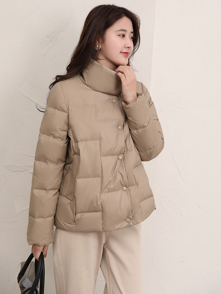 JOLIMENT 화이트 다운 재킷 여성 가을 겨울 다목적 느슨한 소형 스탠드 칼라 화이트 오리 다운 짧은 유행 재킷