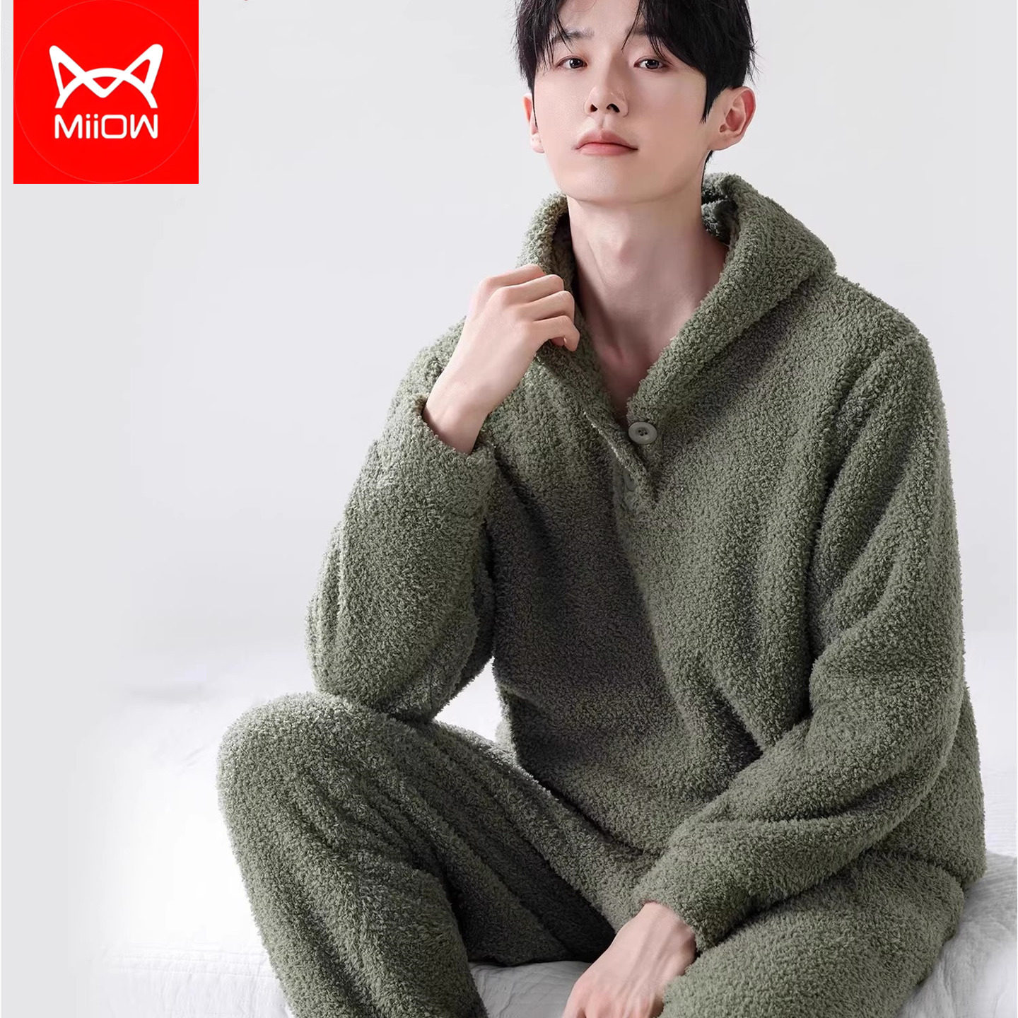 猫人男士可外穿睡衣加绒加厚2025秋冬季新款摇粒半边绒家居服套装