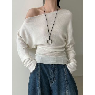 长袖 2026新款 女秋新款 斜肩针织衫 露肩上衣打底 鹿西设计感收腰修身