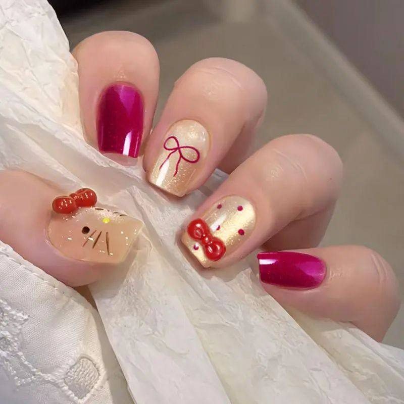 手工儿童美甲穿戴甲感短款紫色猫咪蝴蝶结假指甲贴2026年新款,彩妆/香水/美妆工具,美甲工具,淘宝优惠券,粉丝福利购,淘宝优惠卷