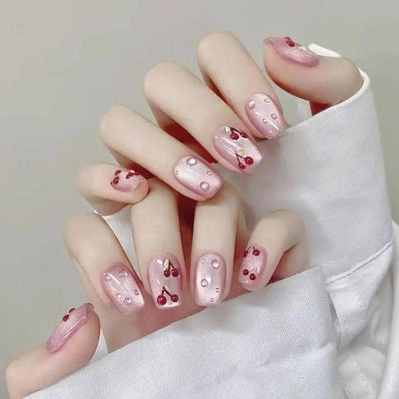 手工儿童美甲穿戴甲感短款亮面水珠樱桃假指甲贴片2026年新款,彩妆/香水/美妆工具,美甲工具,淘宝优惠券,粉丝福利购,淘宝优惠卷