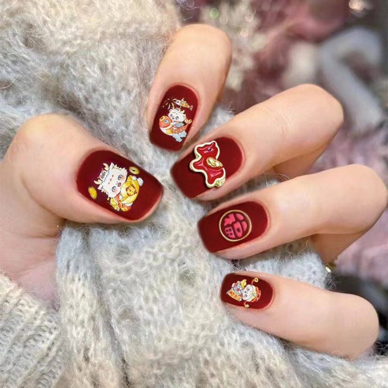 2026年新款儿童美甲穿戴甲高级感短款磨砂福字马年24片假指甲贴片,彩妆/香水/美妆工具,美甲工具,淘宝优惠券,粉丝福利购,淘宝优惠卷