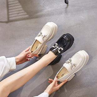 厚底增高9cm乐福鞋女夏秋季透气英伦水钻小皮鞋女一脚蹬黑色高跟