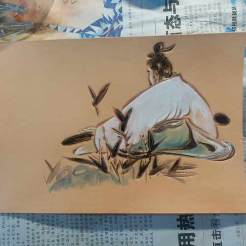手工制作 进口植鞣皮 抚琴人 皮雕 手包