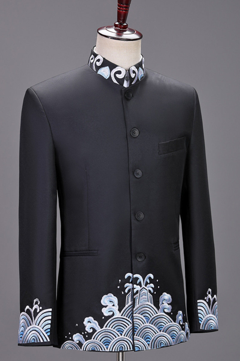 新款刺绣浪花中山装中式婚礼新郎服伴郎服男主持人司仪舞台演出服