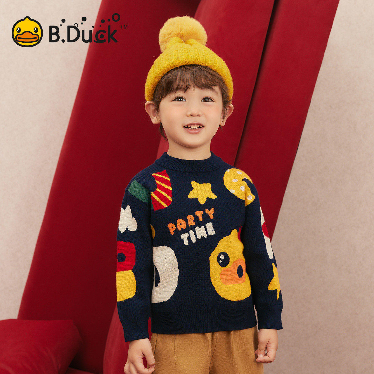 bduck小黄鸭童装女童毛衣儿童保暖毛衫冬季新年衣服针织衫拜年服图片
