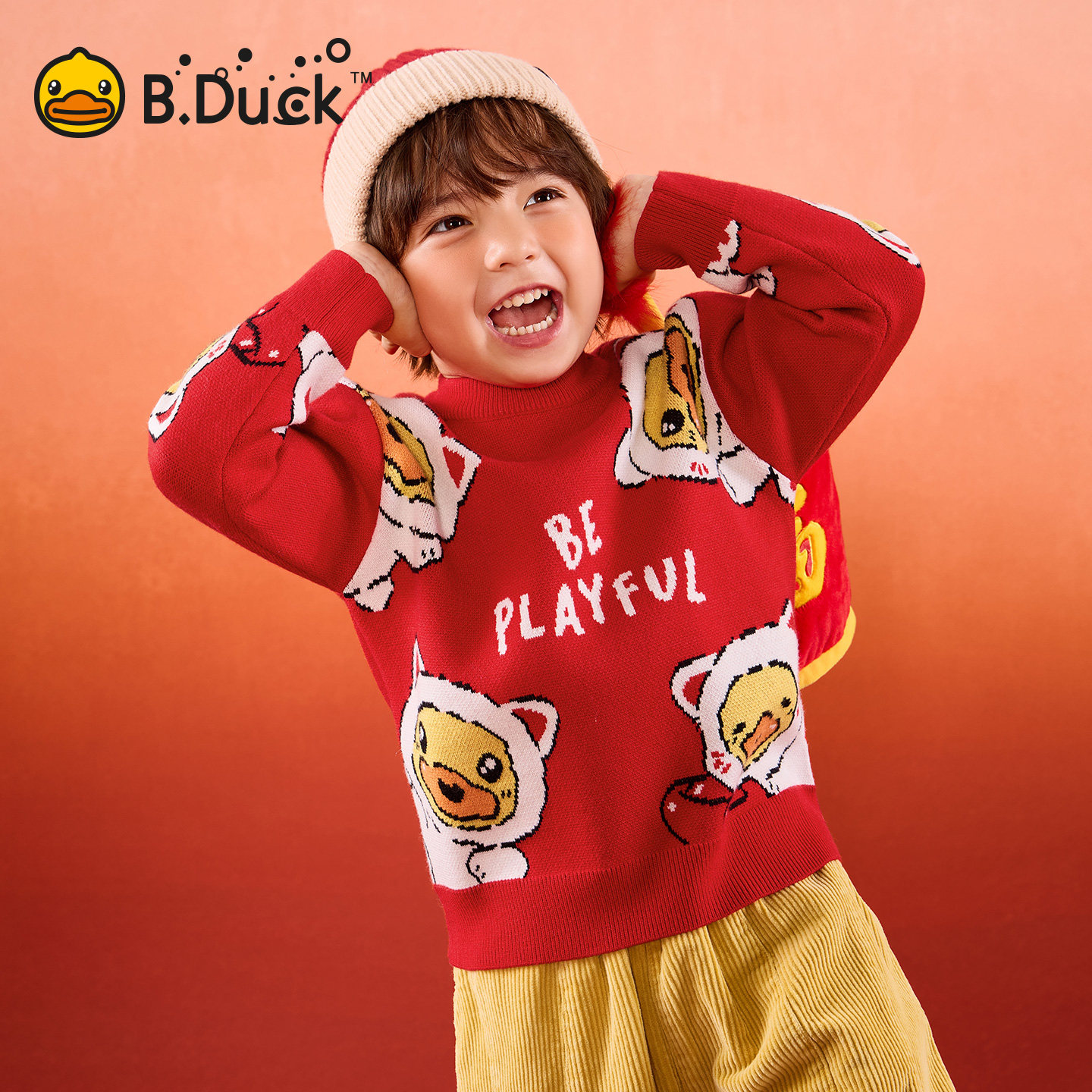 bduck小黄鸭童装男童毛衣红色拜年服中小童新年儿童针织衫冬季厚图片