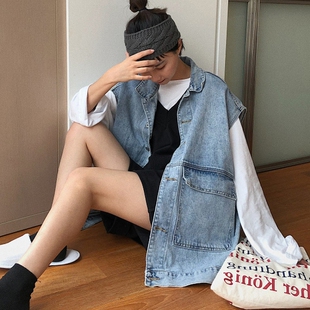 设计感春秋韩版 时尚 胖妹妹个性 大码 宽松上衣 外穿牛仔马甲外套女装