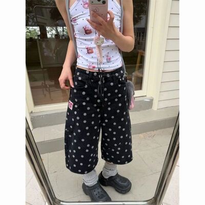 美式复古水洗牛仔波点印花牛仔七分裤女街头直筒宽松显瘦阔腿中裤