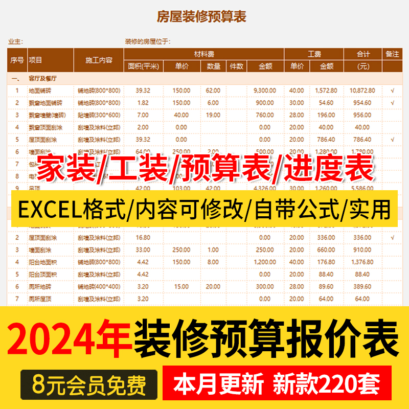 2024新款装修预算报价表家装工装公司材料价格表模板清单半包全包