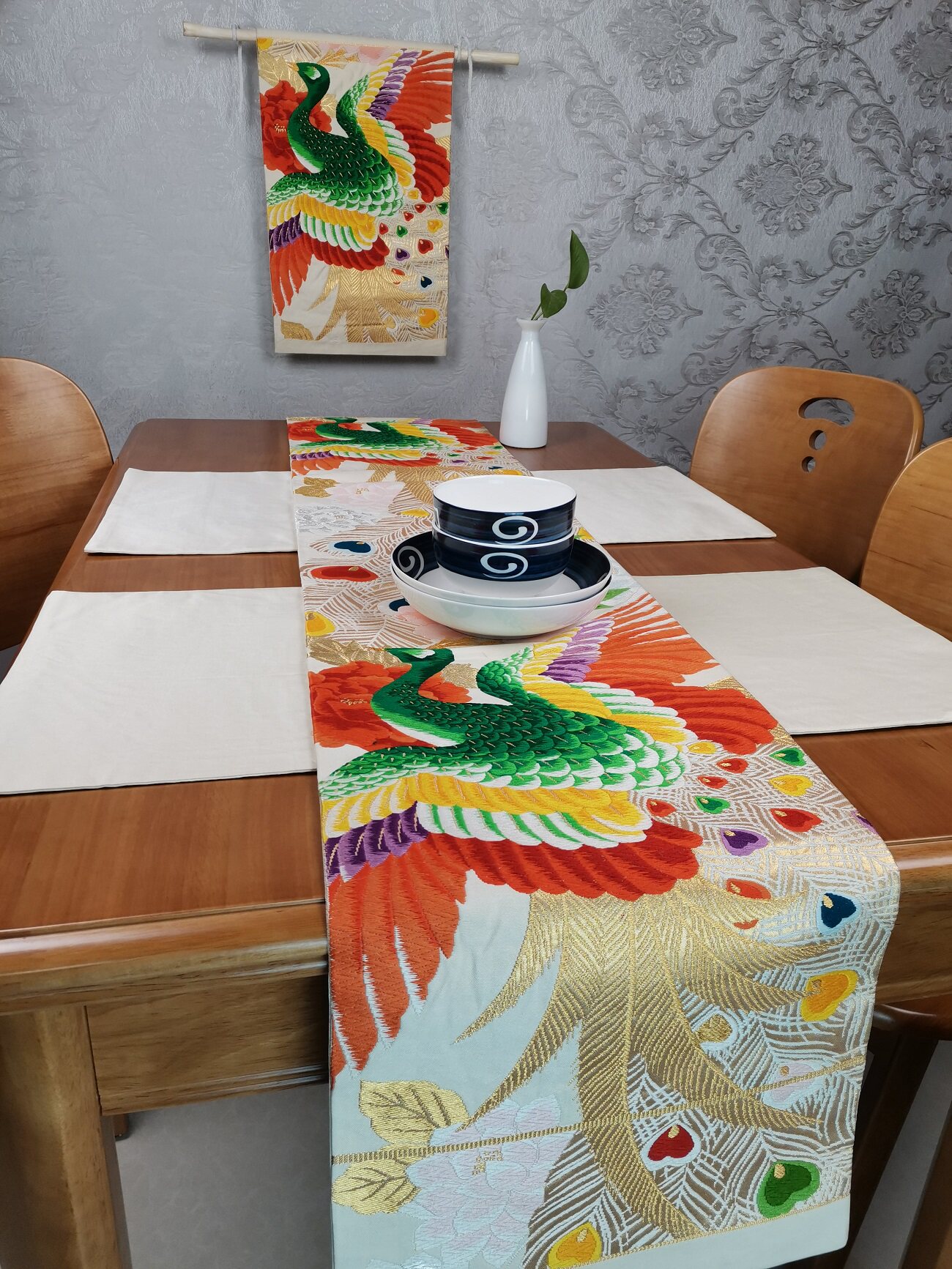 中古挂轴桌旗茶旗餐垫组合3日本制真丝和服袋带DIY孤品礼盒成品