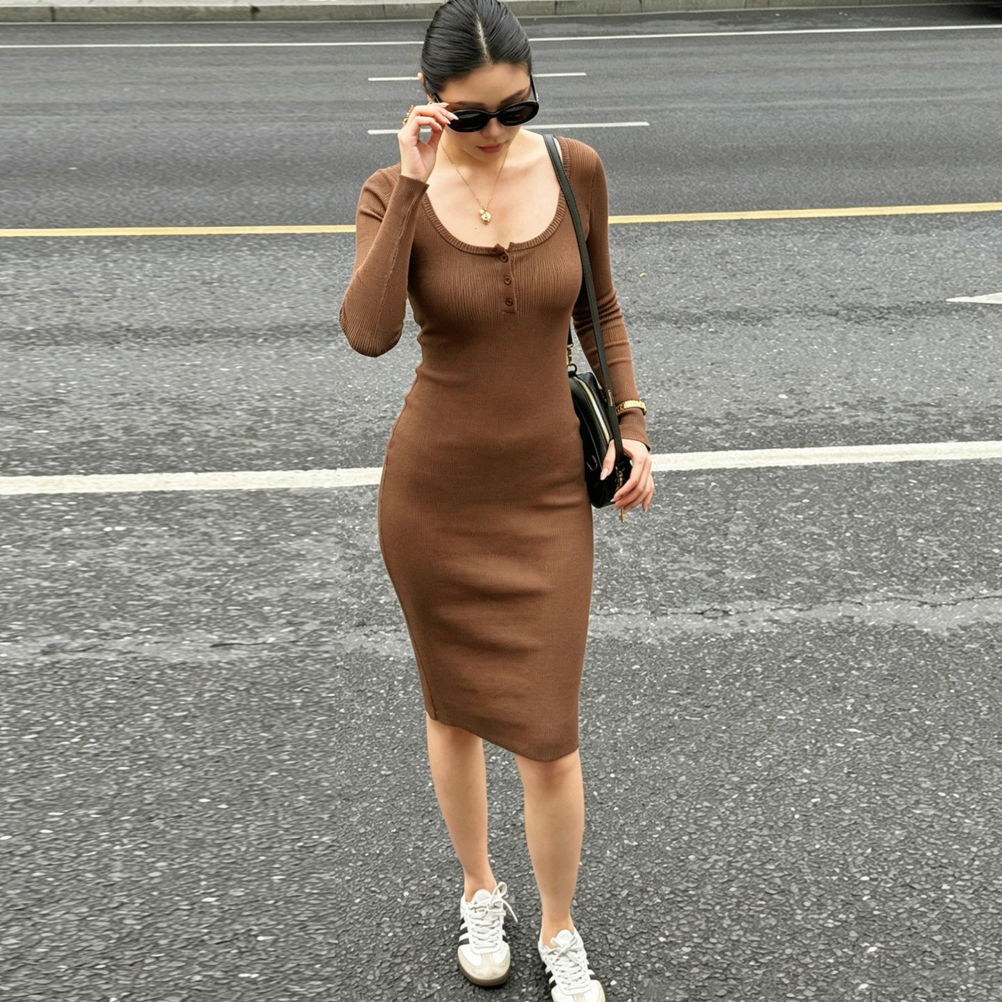 VJISHA新款修身针织裙弹力显瘦欧美及膝裙春秋长袖深色包臀裙中长