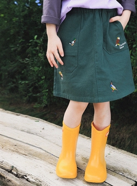 【山31】女童a字半身裙2026春儿童动物绣花工装裙子中大童松紧腰