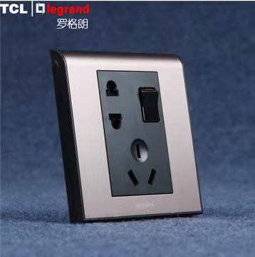 TCL罗格朗开关插座K5系列玫瑰金边框+黑芯  一开五孔二三插带开关