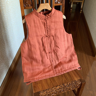 【好景】薄棉苎麻马甲秋冬中国风女装宽松立领对襟手工盘扣棉背心