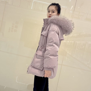 外套时尚 连帽大毛领加厚保暖浅紫色韩版 潮 羽绒服女中长款 2024冬季