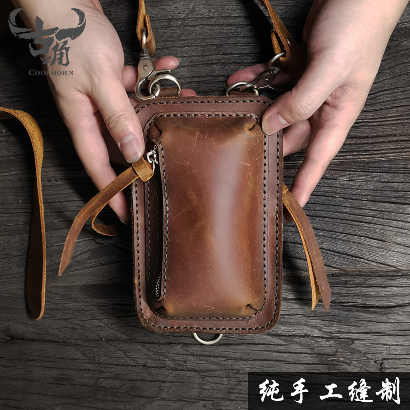 清仓复古纯手工头层牛皮手机腰包疯马皮小号斜挎胸包男真皮斜肩包