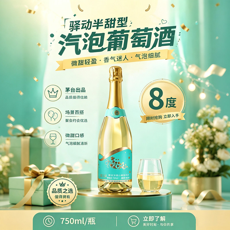 购酒网 茅台葡萄酒汽泡酒半甜甜型桃红/白葡萄汽酒8度750ml低度