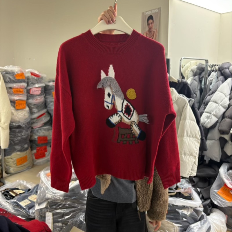 韩版圣诞款红色100％全羊毛圆领针织衫女百搭减龄宽松套头毛衣女