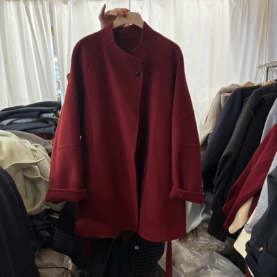 韩国高端澳毛山羊绒立领大衣女一粒扣宽松系带中长款小个子外套