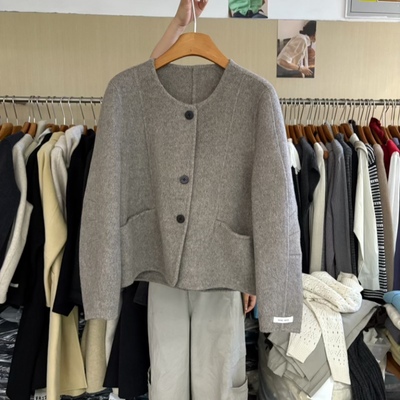 HAND MADE商场同款2025秋冬圆领气质外套女短款宽松双面羊绒大衣