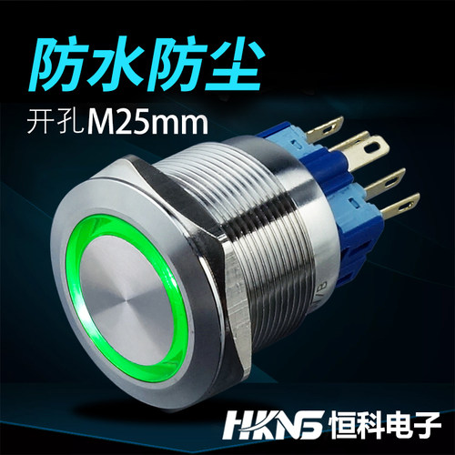 不锈钢按钮开关 25mm 1开1闭 LED带灯24V/220V 防水 高端电源开关