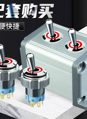 金属开关控制盒 带灯钮子开关2档 小型拨钮拨动拨杆双色3色12v24v