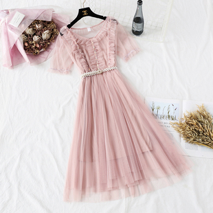 夏流行木耳边智熏法式 很仙女网纱连衣裙2022新款 桔梗裙子超仙森系
