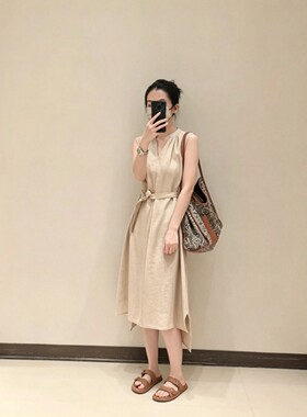 千元级捡漏！精纺舒适棉麻！夏季女士优雅静奢无袖V领腰带连衣裙