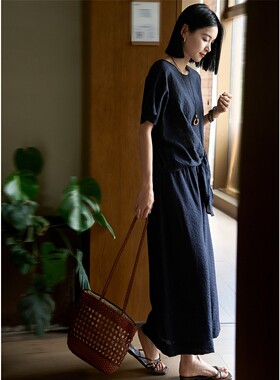 生哥家 捡漏 轻盈透气天丝亚麻！夏季女式方格提花短袖阔腿裤套装