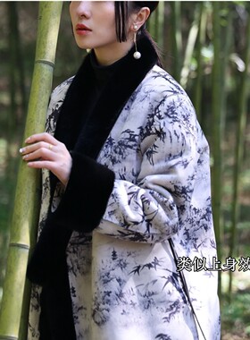 生哥家 半卖半送！女式新中式水墨画设计麂皮绒内里加绒保暖外套