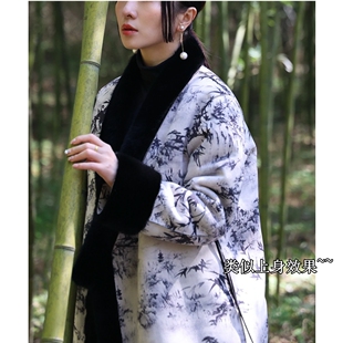 生哥家 半卖半送！女式新中式水墨画设计麂皮绒内里加绒保暖外套