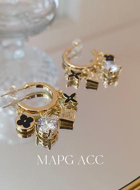 MAPG轻奢黑色滴油四叶草C形耳环幸运符号花朵流苏高级大牌感耳钉