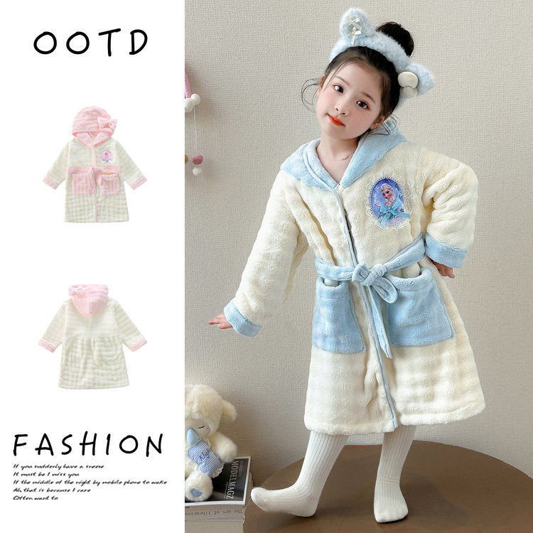 女童珊瑚绒浴袍秋冬加绒加厚连帽睡袍儿童女宝宝家居服公主款艾莎